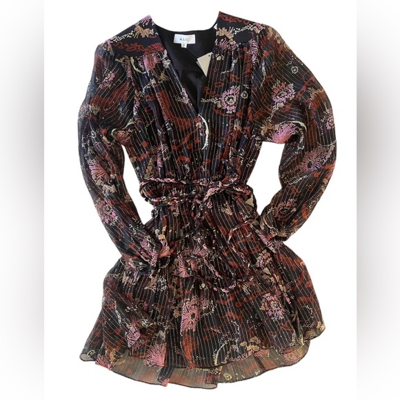 A.L.C. Silk Printed Esme Dress Long Sleeves Brown Multi 2 6 NWT - Picture 5 of 9